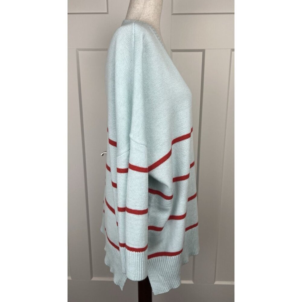 Mersea Oversized V-Neck Sweater Aqua Red Stripe Coastal Knit One Size Tunic - Picture 4 of 9